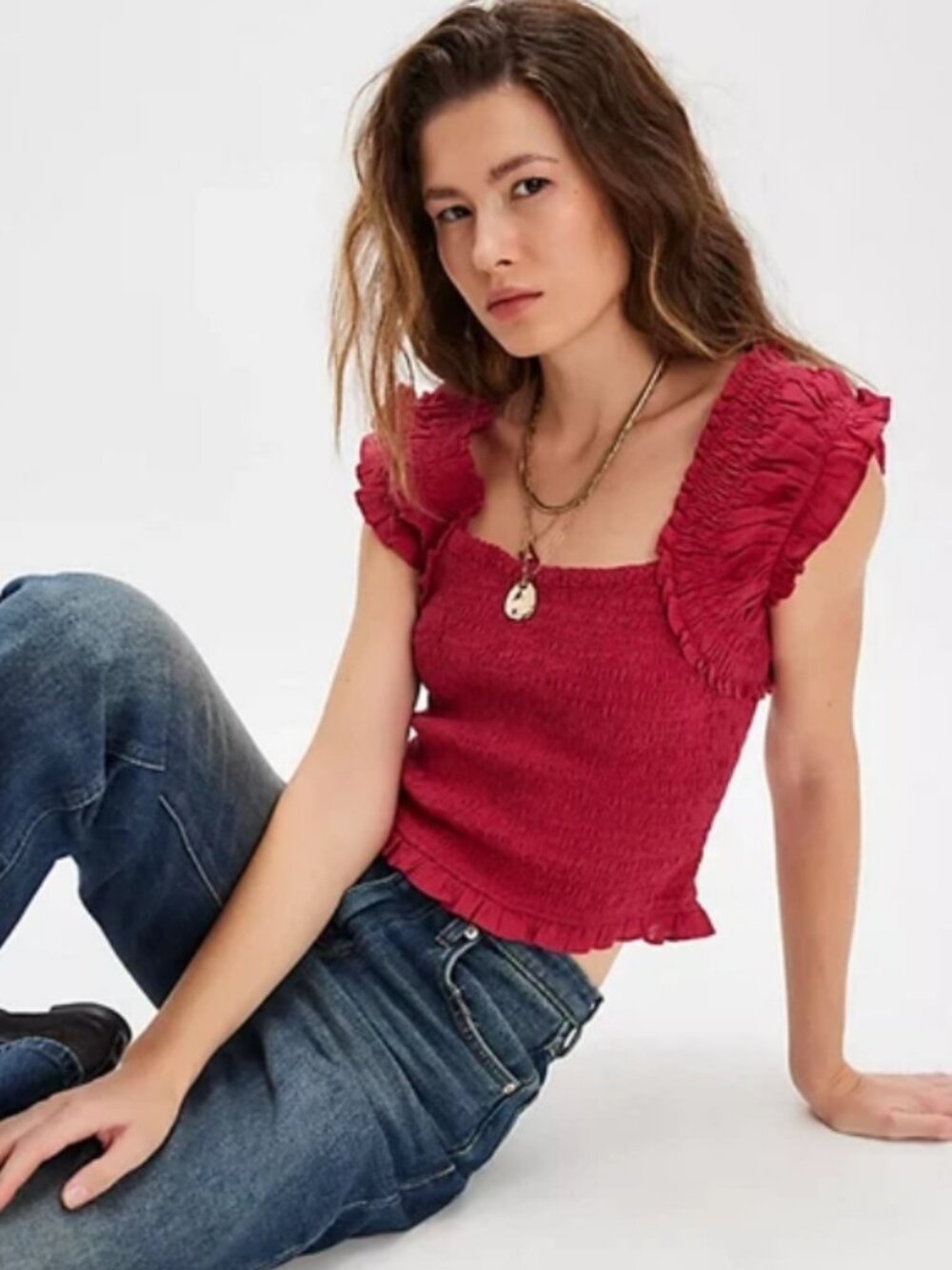 Free People Ari Smocked Top Puffed Cap Sleeve Ruffle Red XL